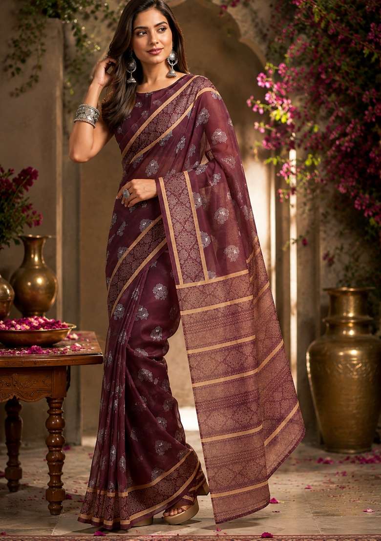 Burgundy Woven Butti Chanderi Saree Set for Diwali | Wedding & Festive Wear - Indya