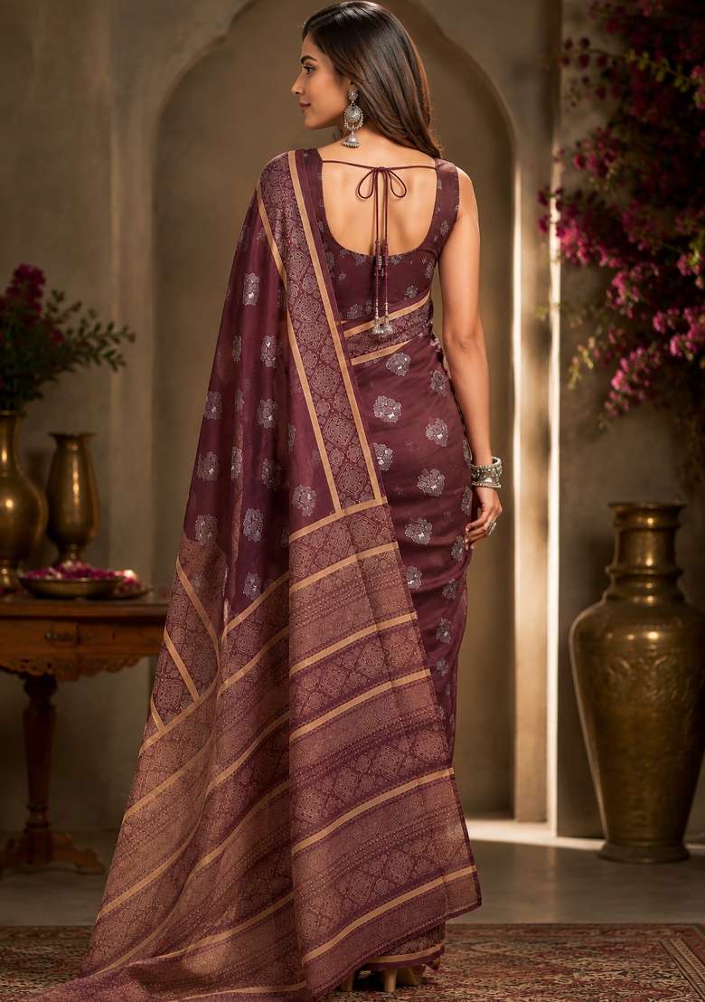 Burgundy Woven Butti Chanderi Saree Set for Diwali | Wedding & Festive Wear - Indya