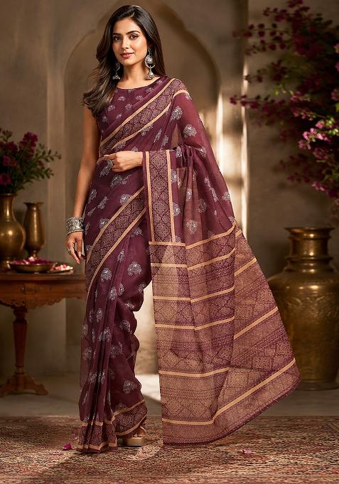 Burgundy Woven Butti Chanderi Saree Set