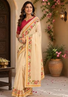Cream Plain Chanderi Saree Set