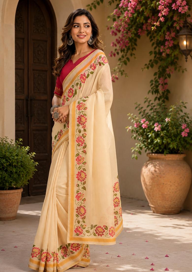 Cream Plain Chanderi Saree Set - Indya