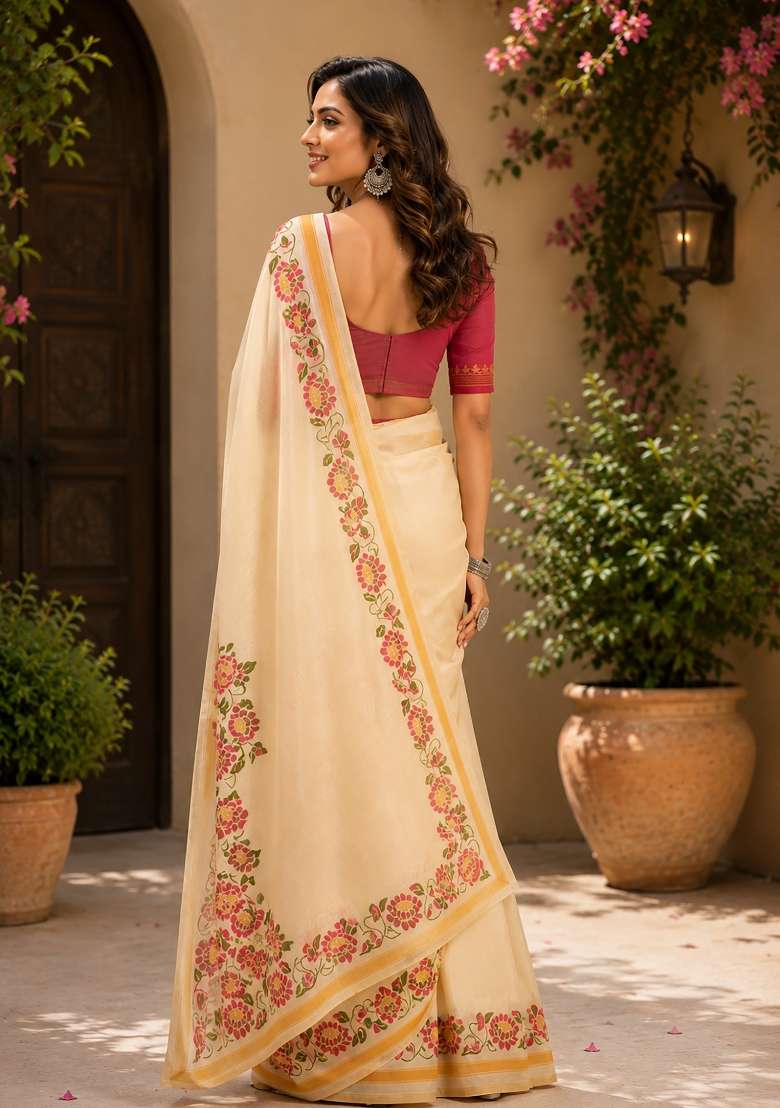 Cream Plain Chanderi Saree Set for Diwali | Wedding & Festive Wear - Indya