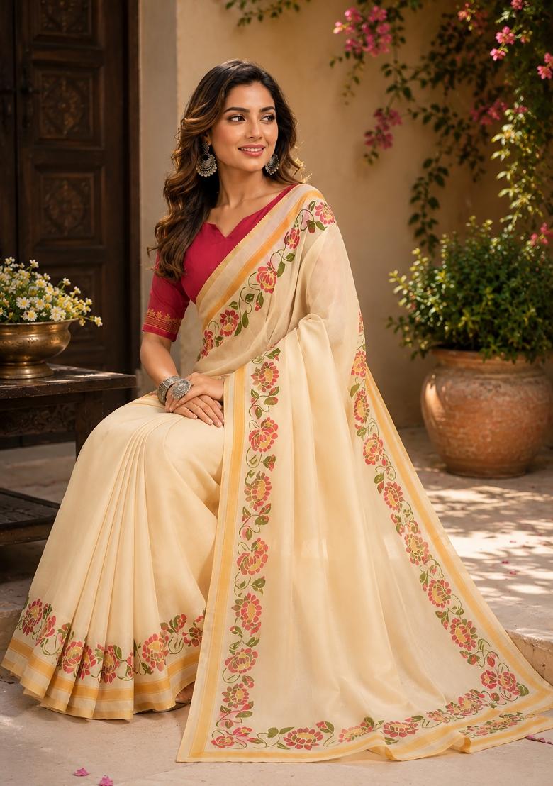 Cream Plain Chanderi Saree Set - Indya