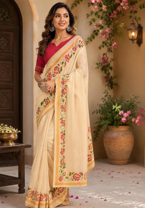 Cream Plain Chanderi Saree Set