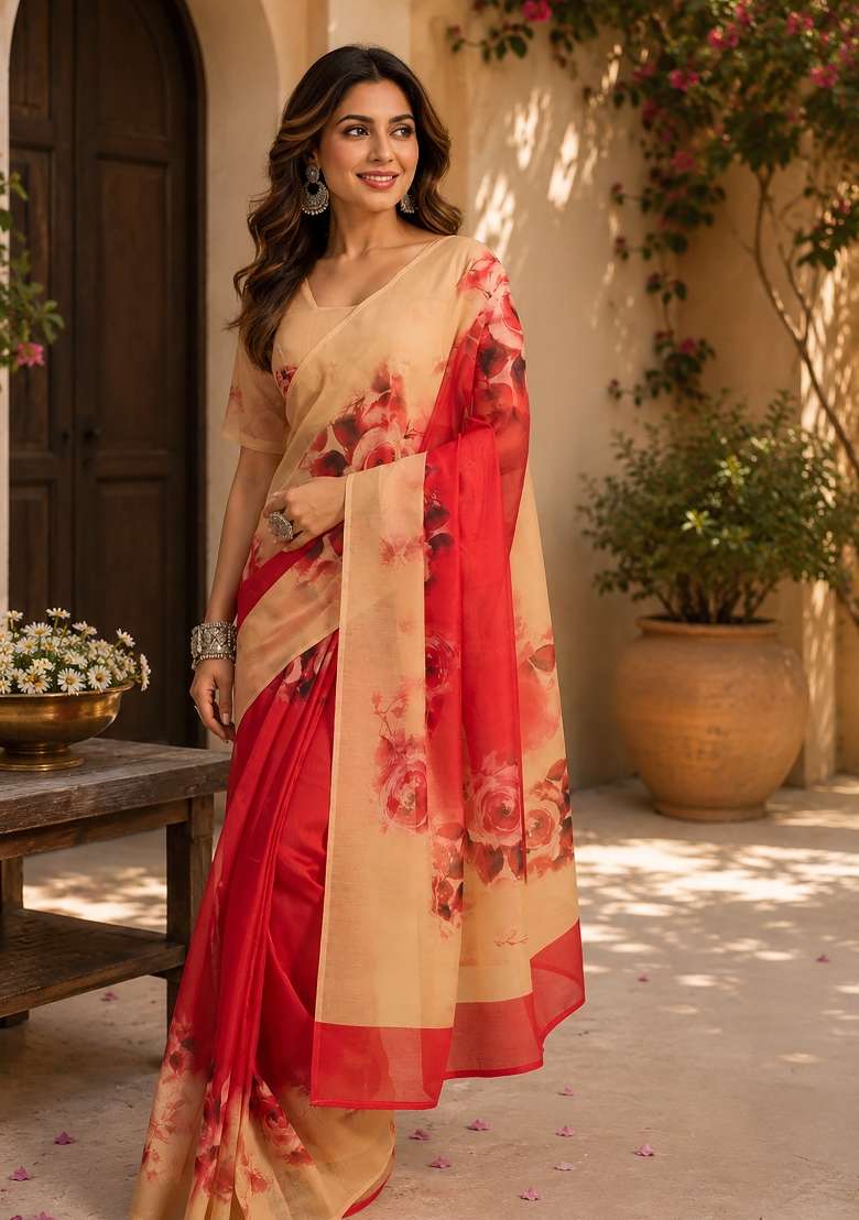 Multicolor Floral Print Chanderi Saree Set for Diwali and Festive Wear - Indya