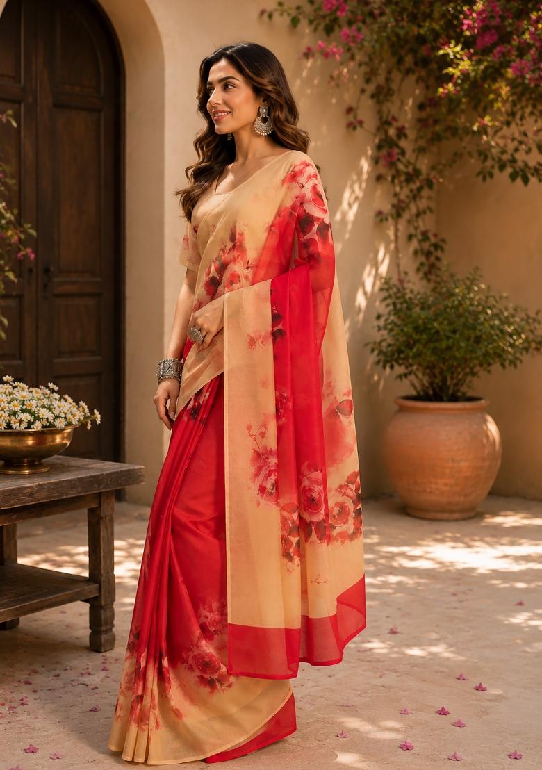 Multicolor Floral Print Chanderi Saree Set - Indya