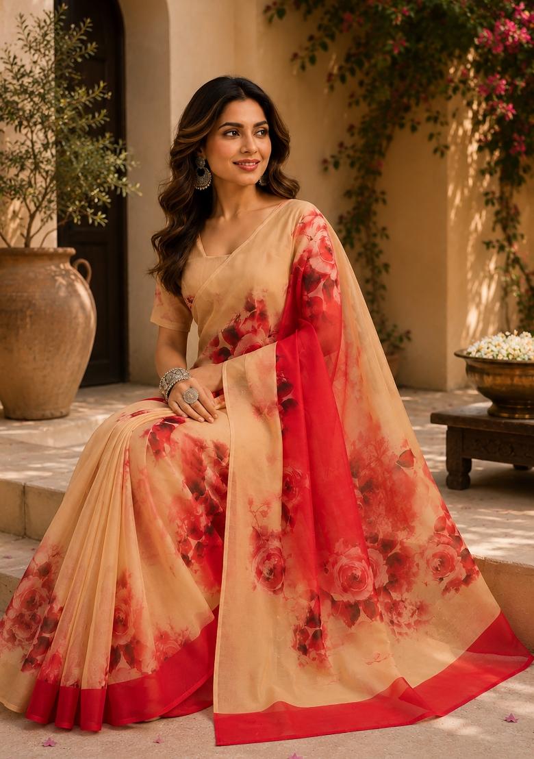 Multicolor Floral Print Chanderi Saree Set - Indya