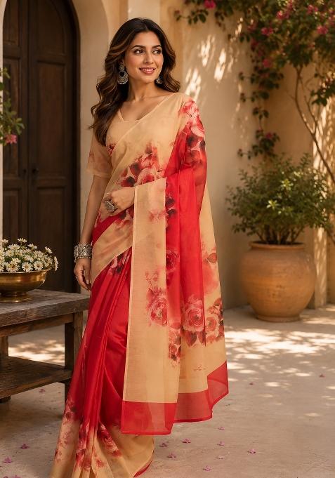 Multicolor Floral Print Chanderi Saree Set