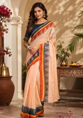 Light Peach Plain Chanderi Saree Set