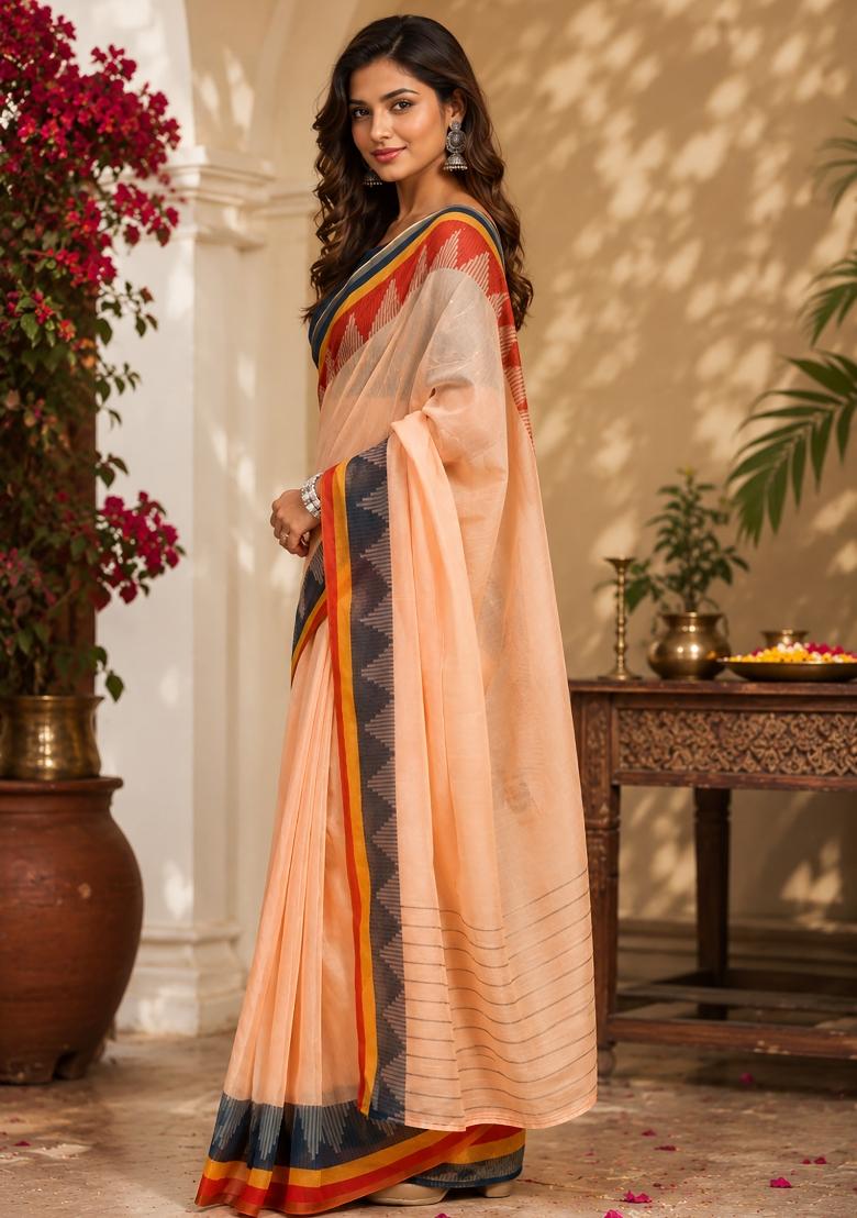 Light Peach Plain Chanderi Saree Set - Indya