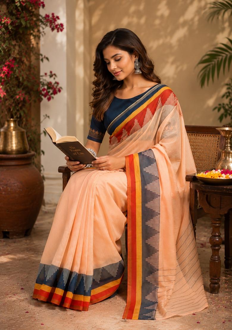 Light Peach Plain Chanderi Saree Set - Indya