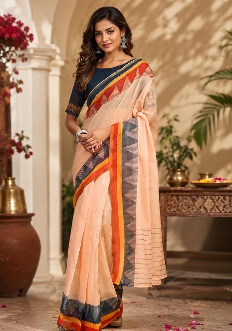 Light Peach Plain Chanderi Saree Set