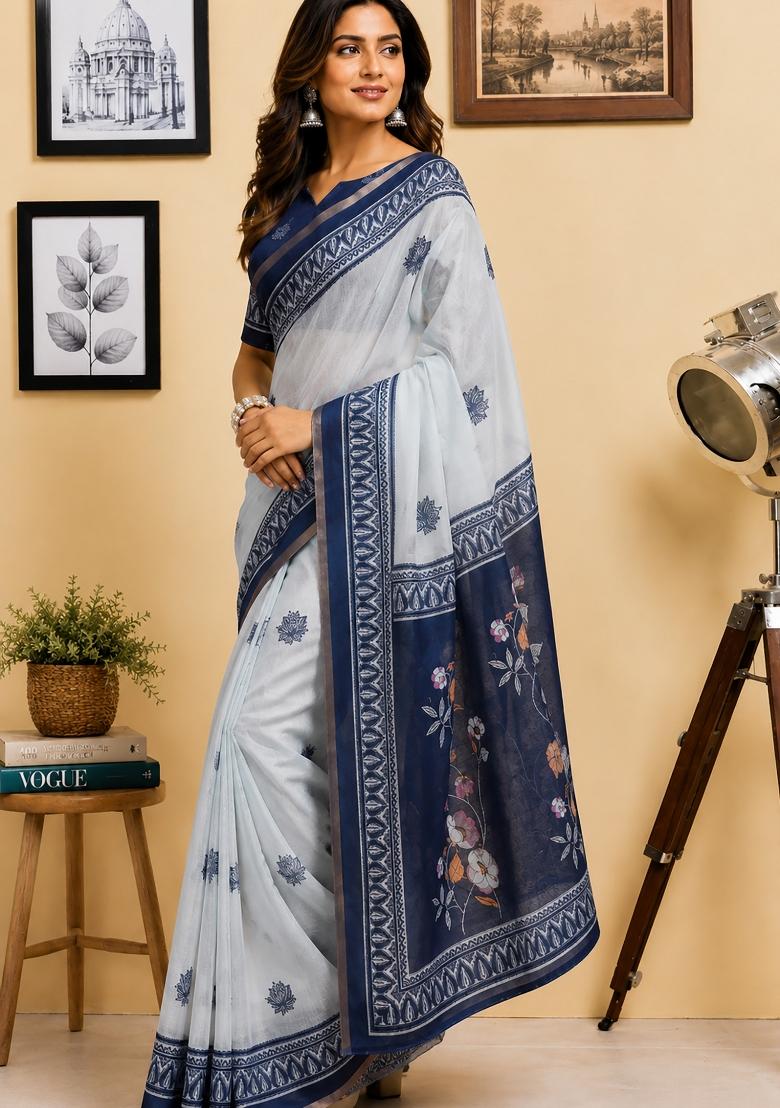 Off White And Navy Blue Floral Print Chanderi Saree Set - Indya