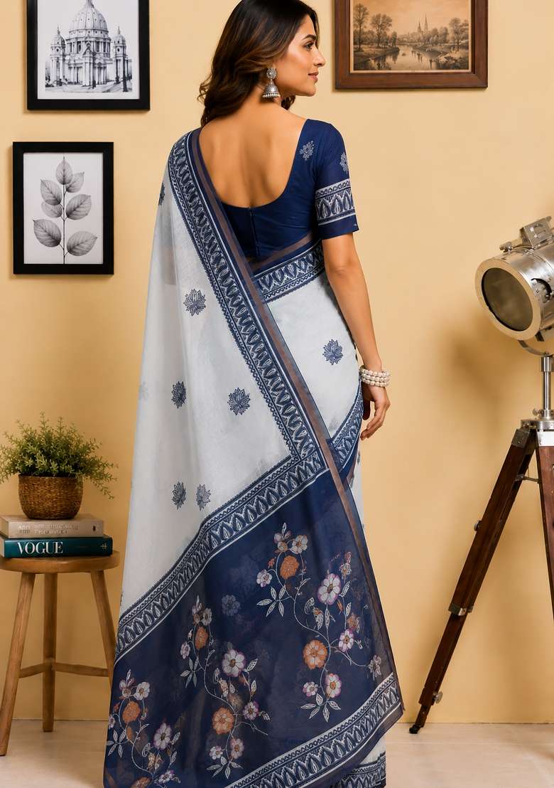 Off White And Navy Blue Chanderi Saree Set with Floral Print for Diwali | Wedding & Festive Wear - Indya