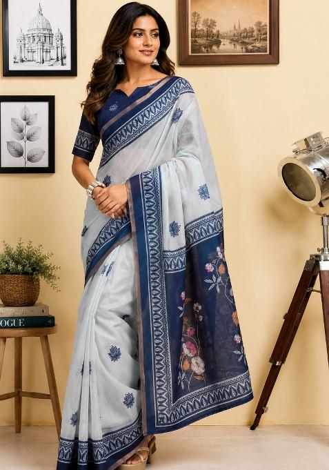 Off White And Navy Blue Floral Print Chanderi Saree Set