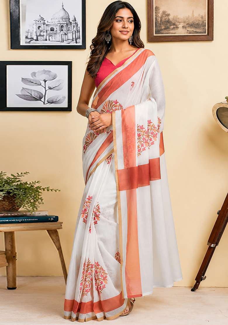 White Chanderi Saree Set with Floral Print for Diwali | Wedding & Festive Wear - Indya