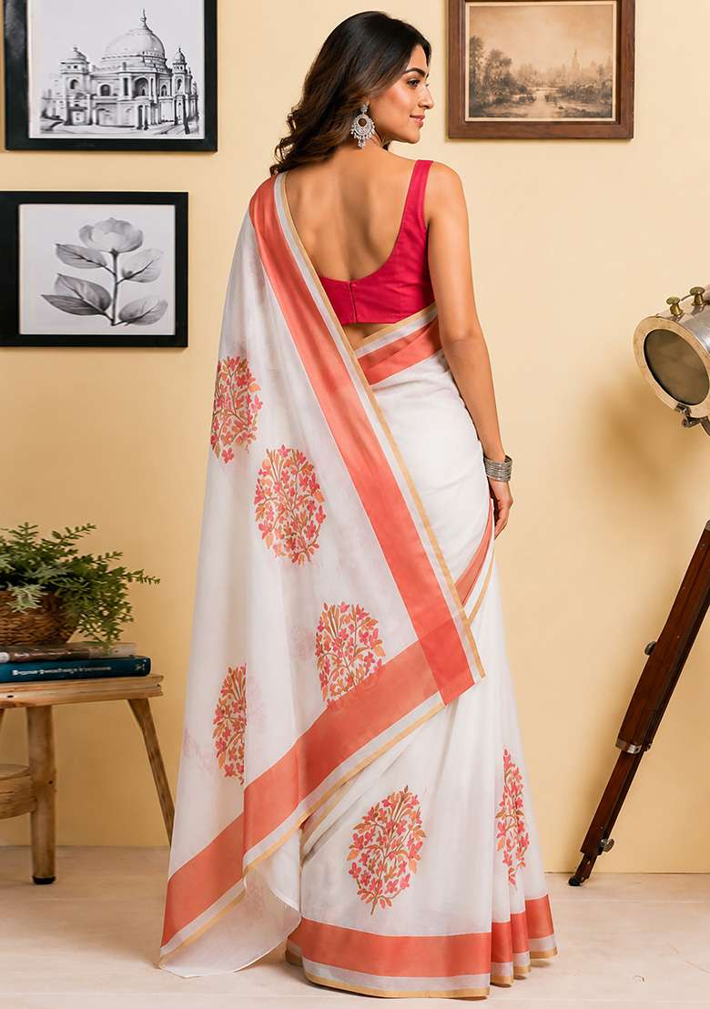 White Chanderi Saree Set with Floral Print for Diwali | Wedding & Festive Wear - Indya