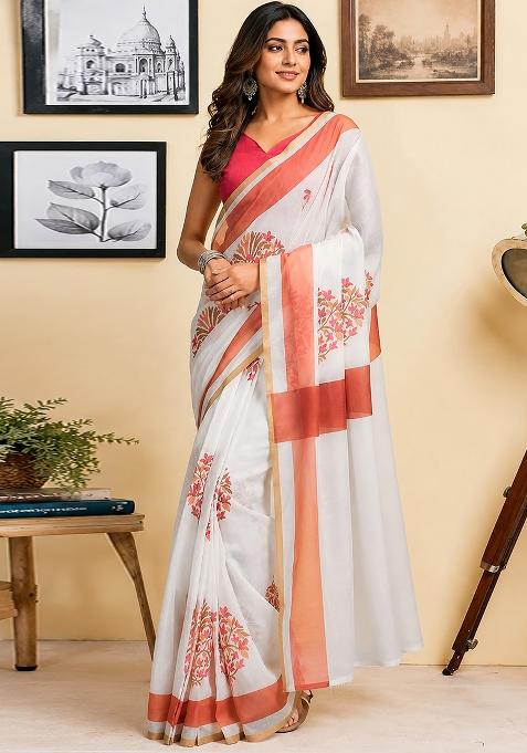 White Floral Print Chanderi Saree Set