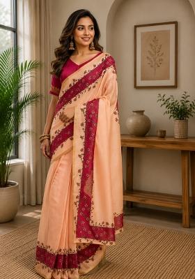 Peach Plain Chanderi Saree Set