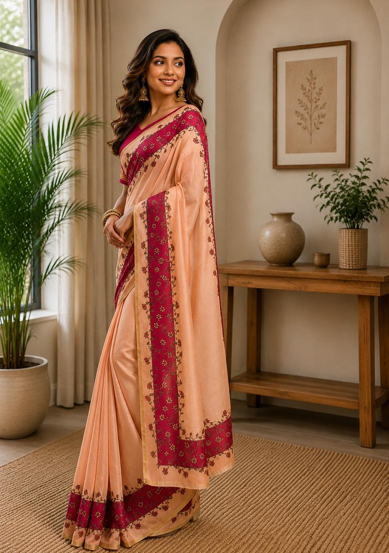 Peach Plain Chanderi Saree Set - Indya
