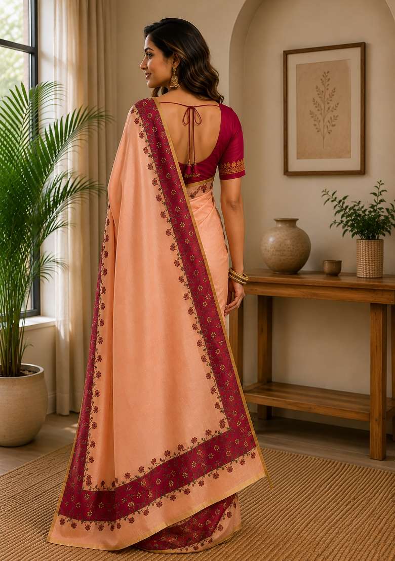 Peach Plain Chanderi Saree Set for Diwali and Festive Wear - Indya