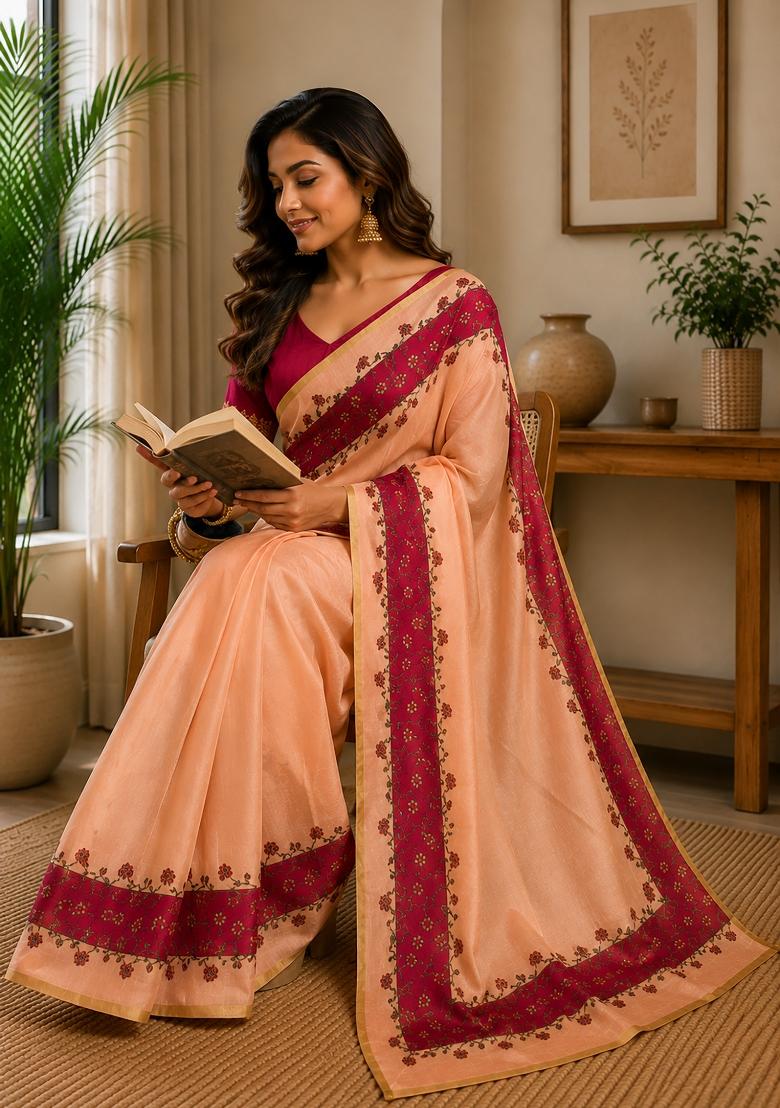 Peach Plain Chanderi Saree Set - Indya