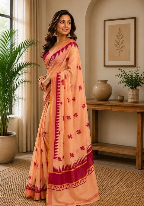 Pastel Orange Floral Print Chanderi Saree Set