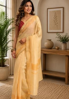 Pastel Yellow Plain Chanderi Saree Set