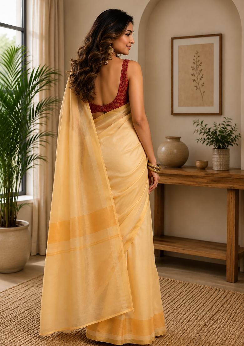 Pastel Yellow Plain Chanderi Saree Set - Indya