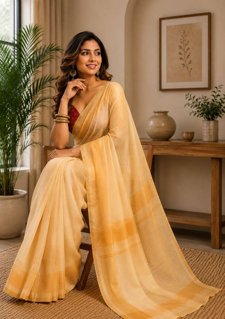 Pastel Yellow Plain Chanderi Saree Set for Diwali | Wedding & Festive Wear - Indya