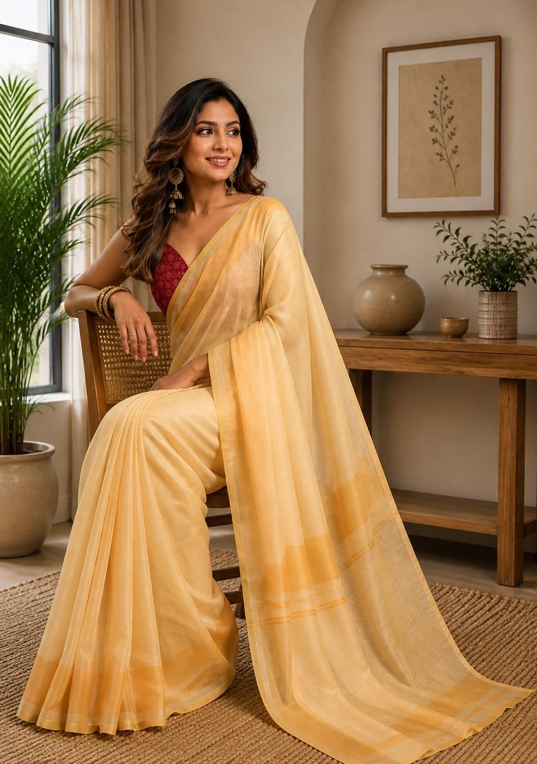 Pastel Yellow Plain Chanderi Saree Set - Indya