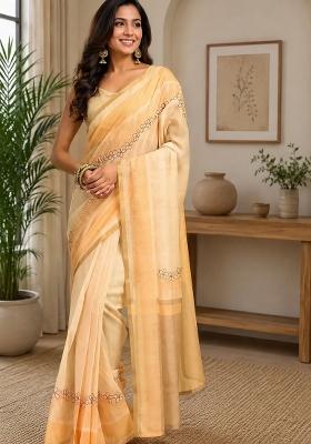 Cream Plain Chanderi Saree Set