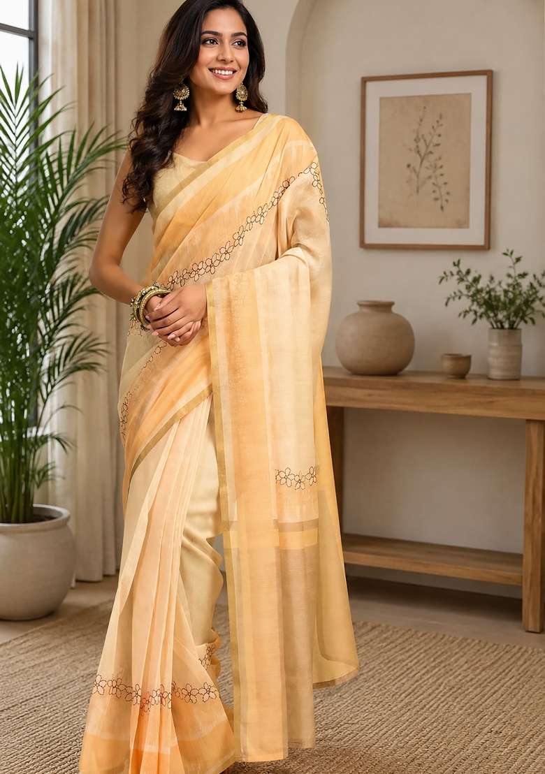 Cream Plain Chanderi Saree Set for Diwali | Wedding & Festive Wear - Indya