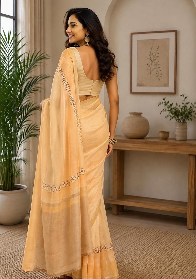 Cream Plain Chanderi Saree Set - Indya