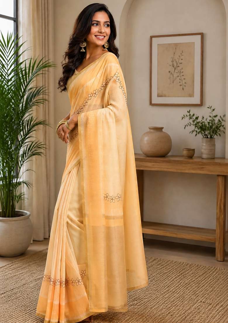 Cream Plain Chanderi Saree Set for Diwali | Wedding & Festive Wear - Indya