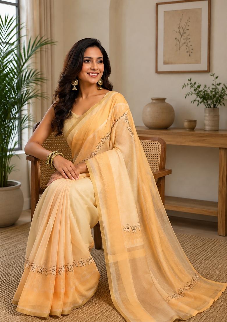 Cream Plain Chanderi Saree Set - Indya