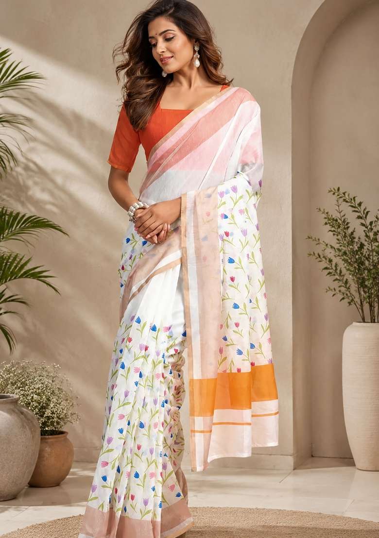 White Chanderi Saree Set with Floral Print for Diwali | Wedding & Festive Wear - Indya