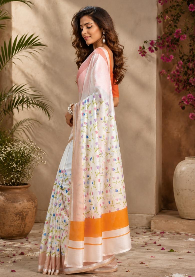 White Floral Print Chanderi Saree Set - Indya