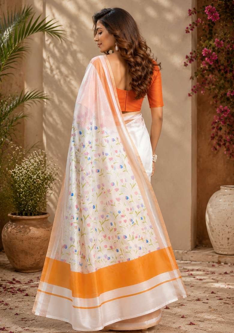White Chanderi Saree Set with Floral Print for Diwali | Wedding & Festive Wear - Indya