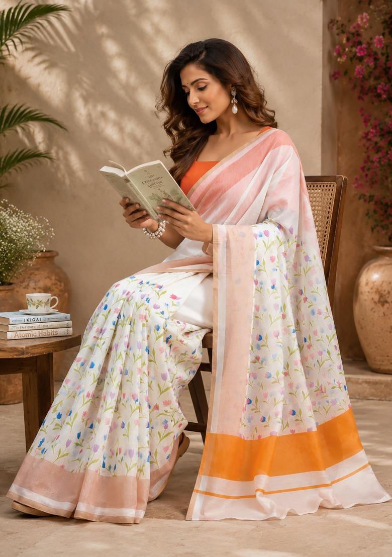 White Floral Print Chanderi Saree Set - Indya
