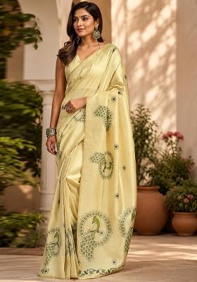 Cream Peacock Feather Chanderi Saree Set