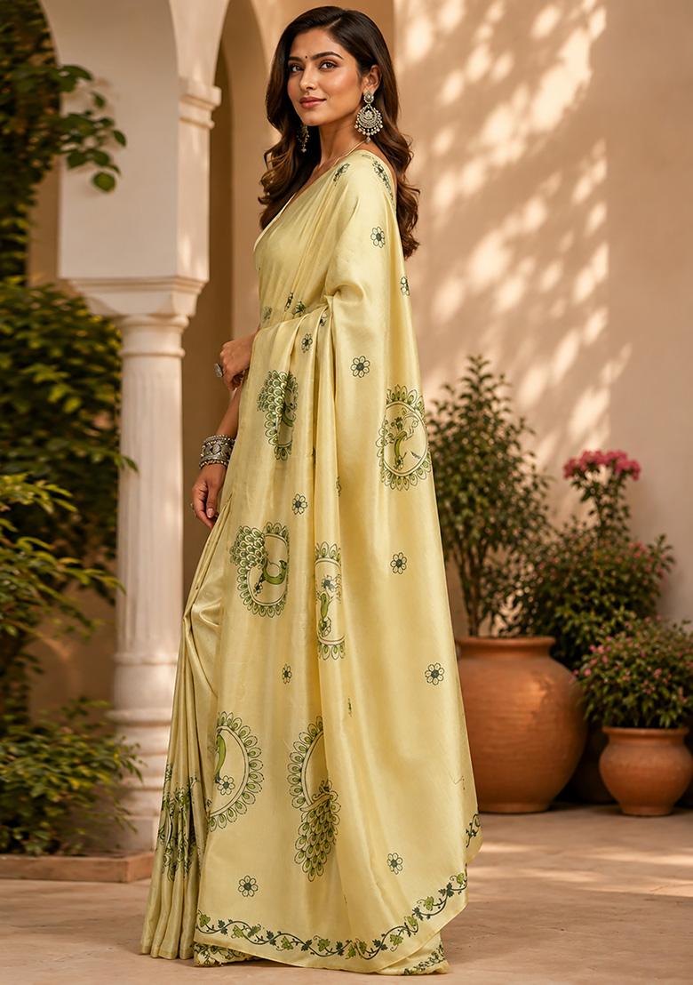 Cream Peacock Feather Chanderi Saree Set - Indya