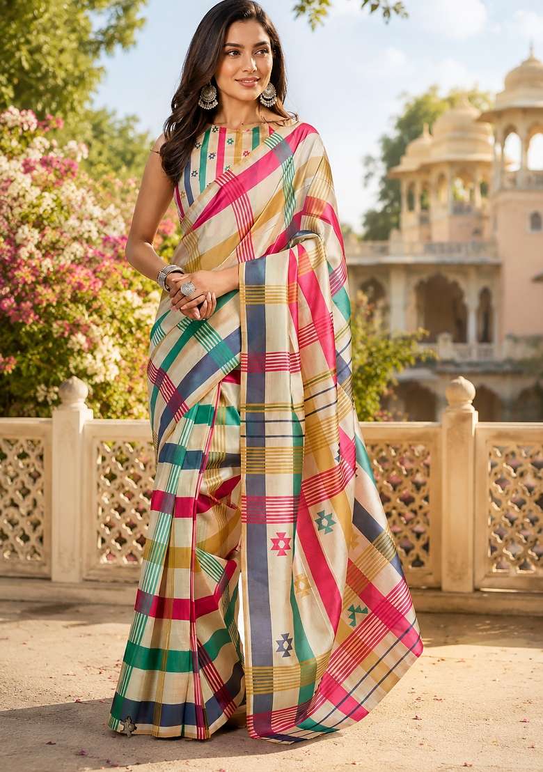 Multicolor Checked Chanderi Saree Set for Diwali and Festive Wear - Indya