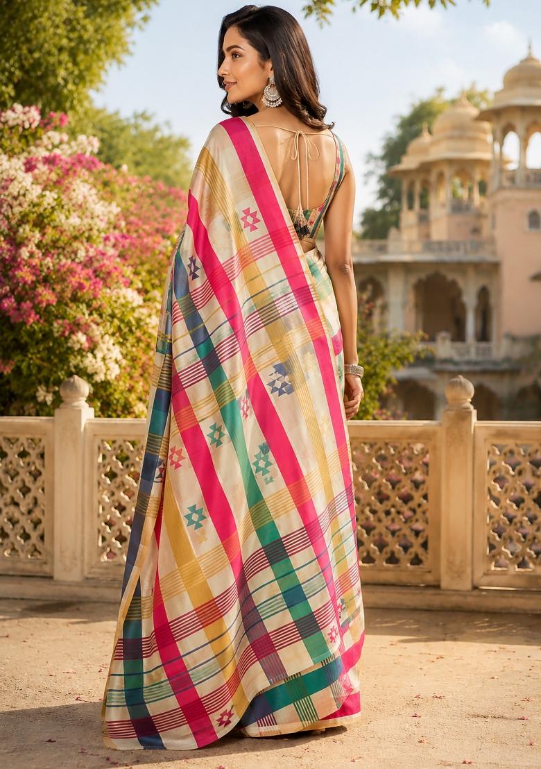 Multicolor Checked Chanderi Saree Set - Indya