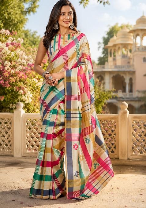 Multicolor Checked Chanderi Saree Set