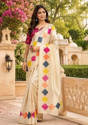Cream Plain Chanderi Saree Set