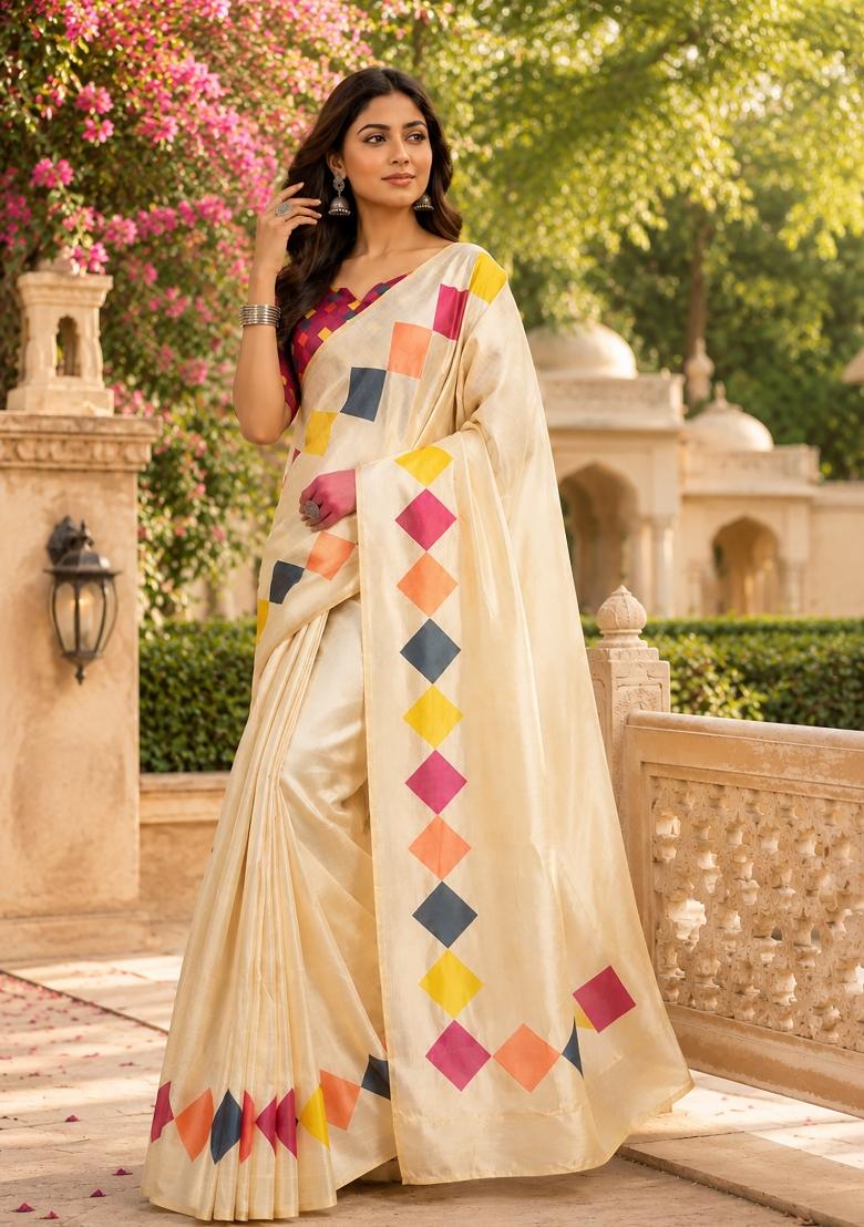Cream Plain Chanderi Saree Set - Indya