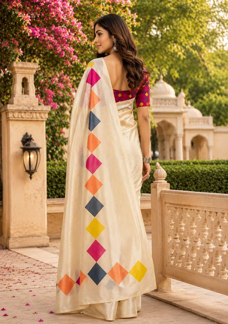 Cream Plain Chanderi Saree Set for Diwali | Wedding & Festive Wear - Indya