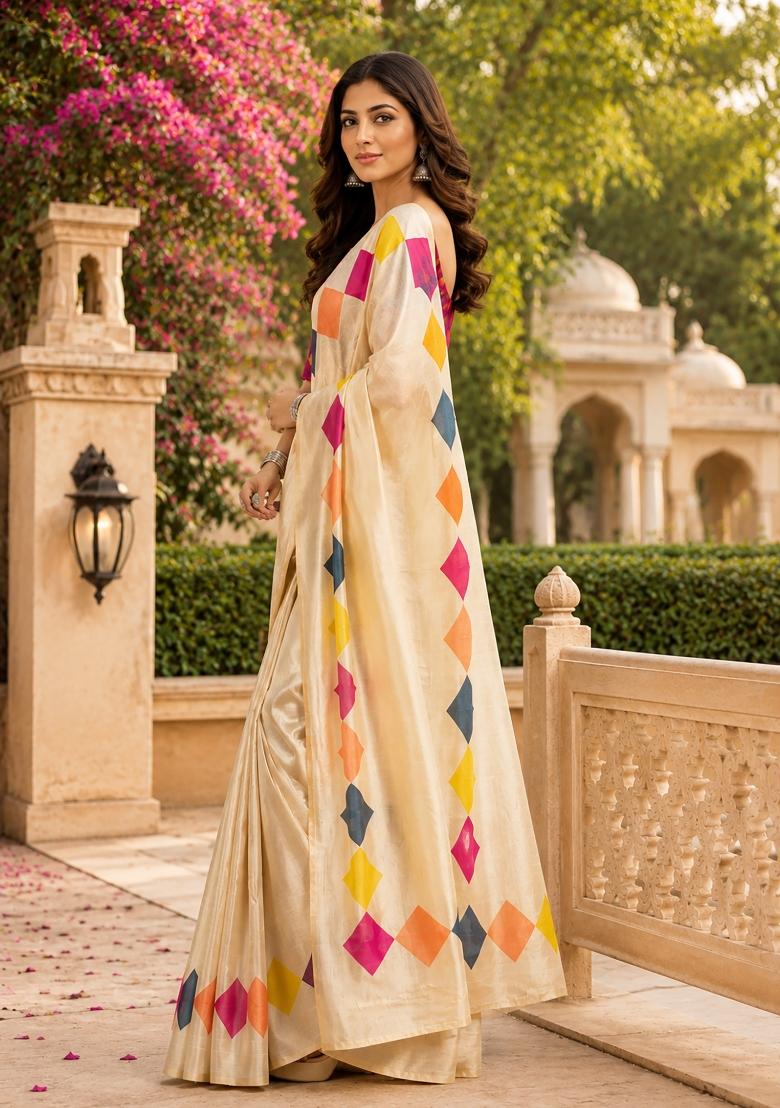 Cream Plain Chanderi Saree Set - Indya