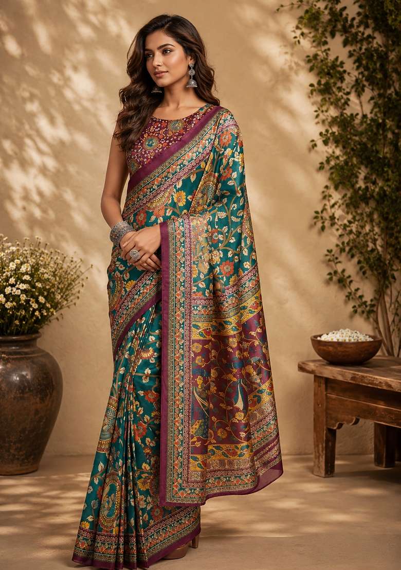 Peacock Green Floral Print Chanderi Saree Set for Diwali and Festive Wear - Indya